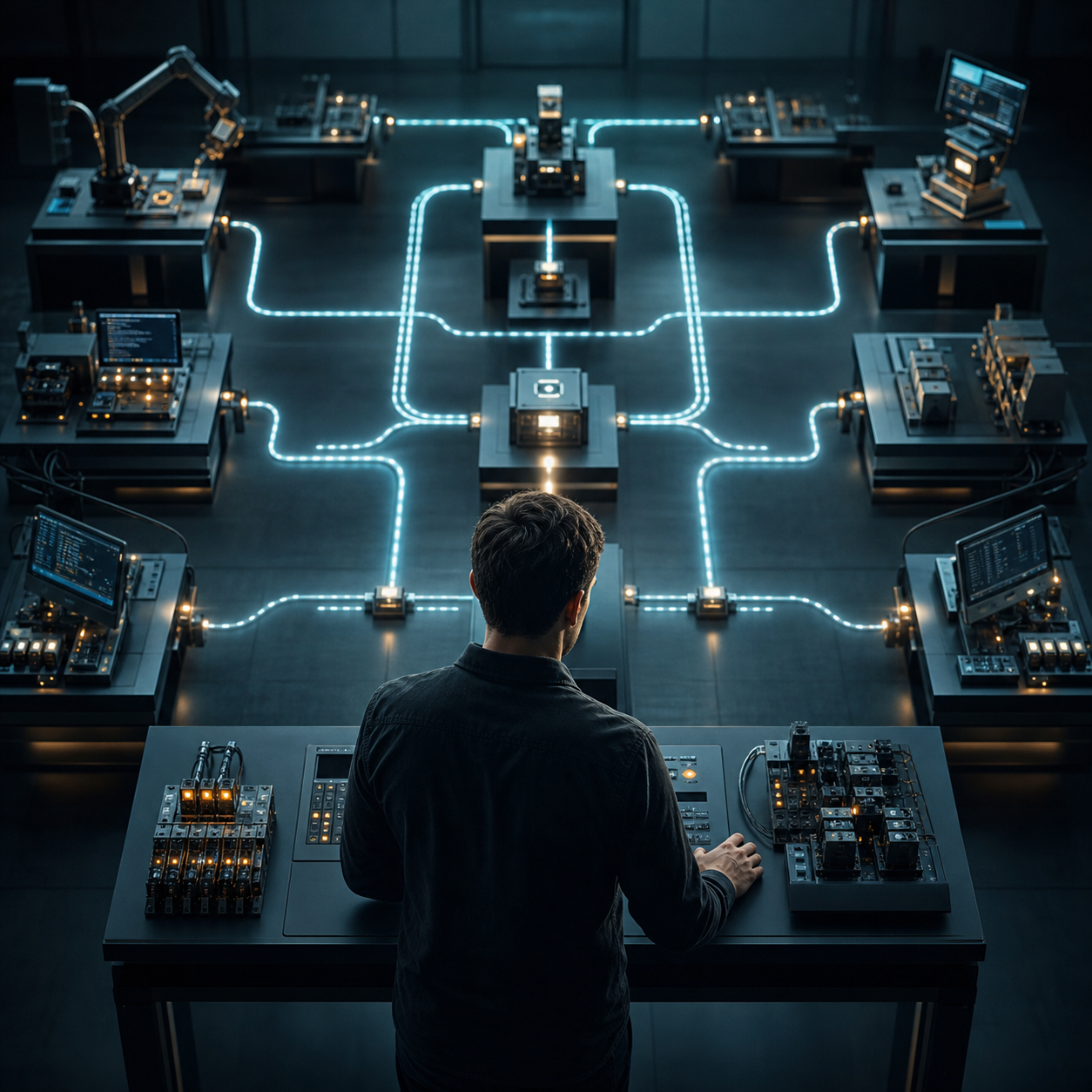 An engineer overseeing connected workflow stations for agentic AI automation
